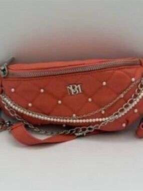 Quilted Orange Crossbody with Pearl & Chain Detail